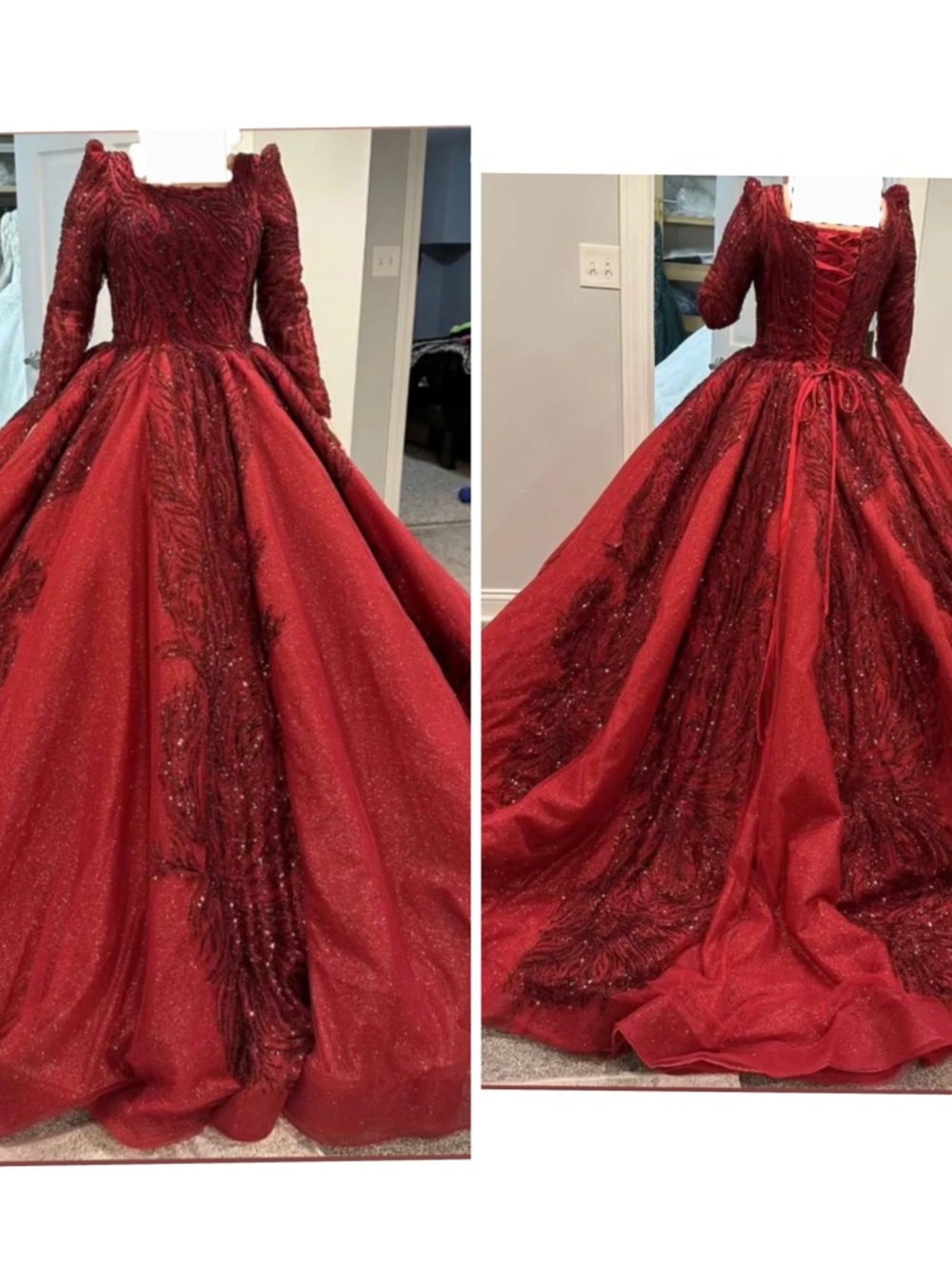 Elegant Red Beaded Ball Gown Dress or Engagement or Quince or Prom